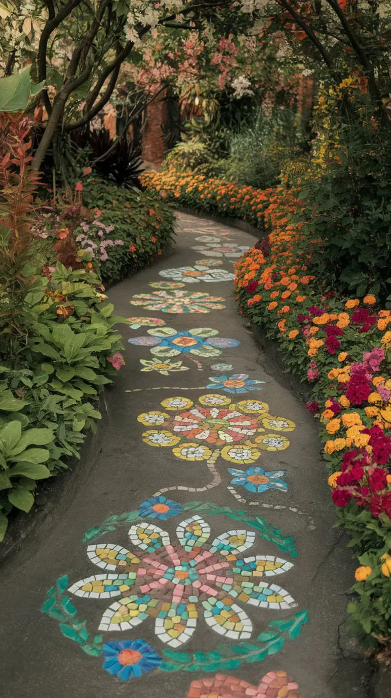 A winding pathway decorated with colorful floral mosaics, surrounded by vibrant flowers.