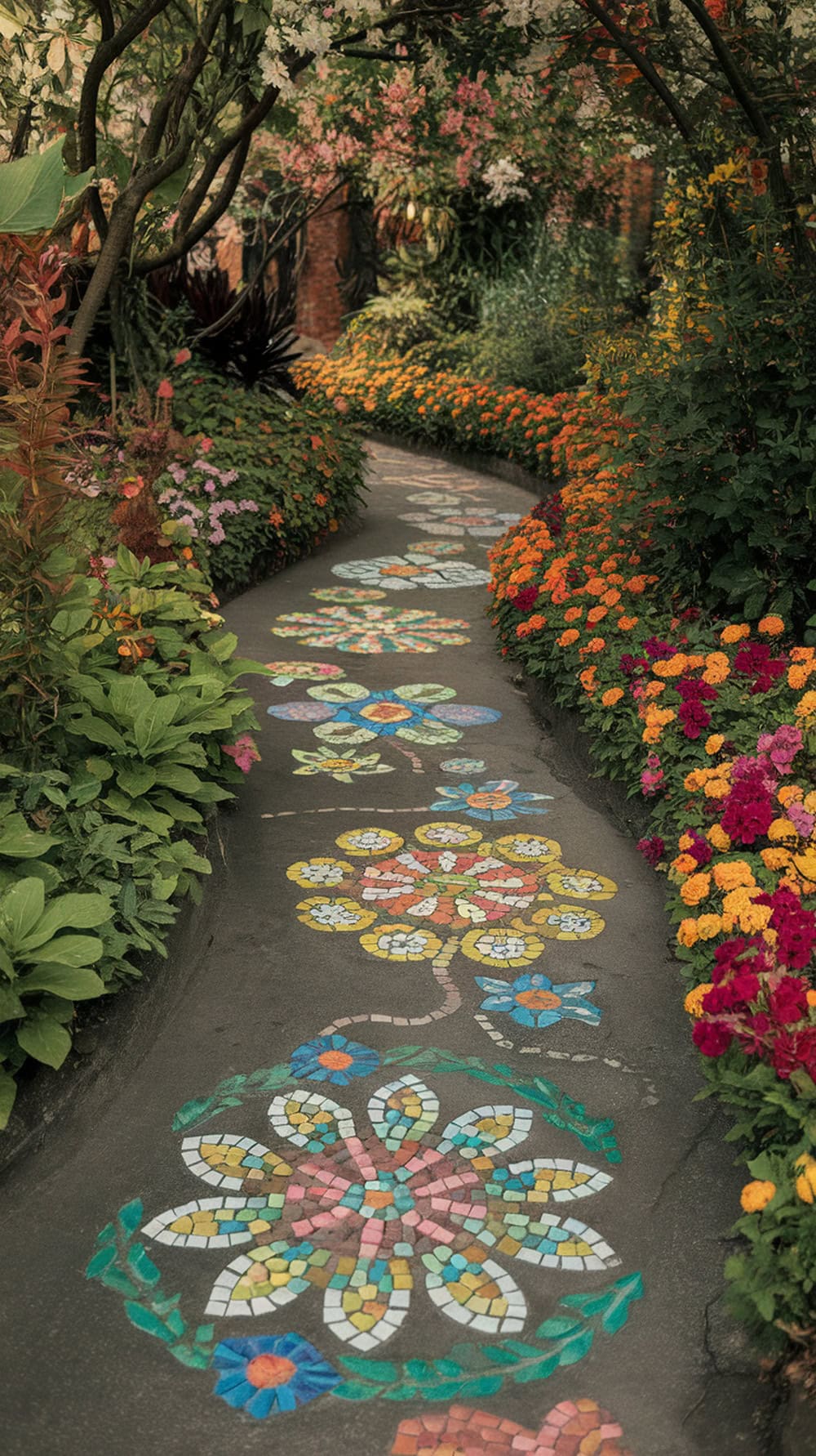 A winding pathway decorated with colorful floral mosaics, surrounded by vibrant flowers.