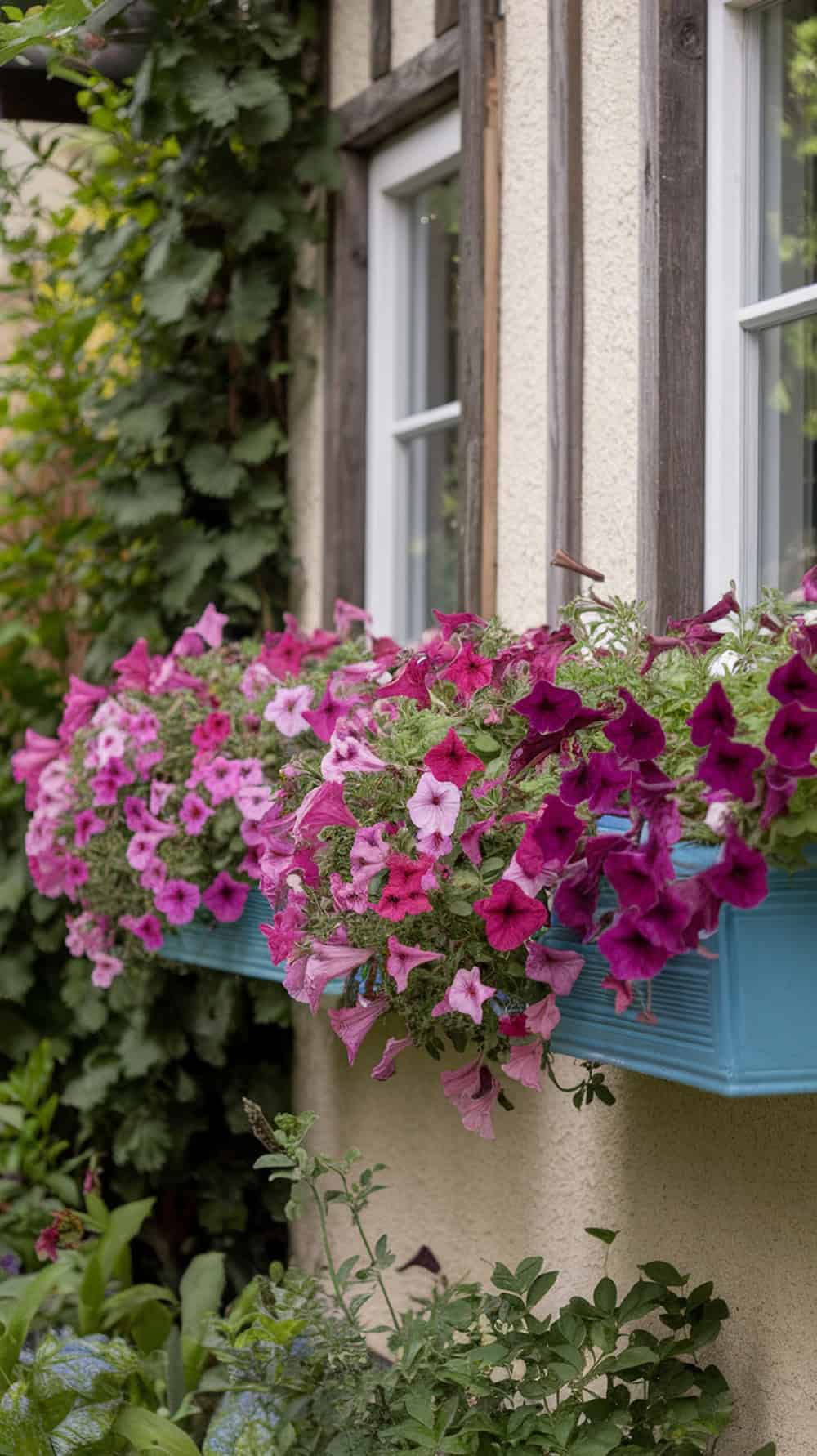 Colorful window box overflowing with petunias in pink and purple