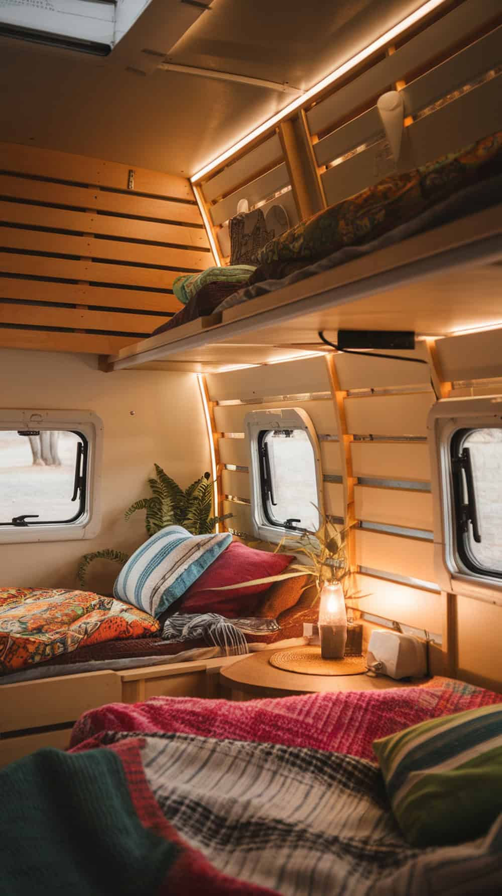 Cozy camper bunk beds with wood slat walls and small windows