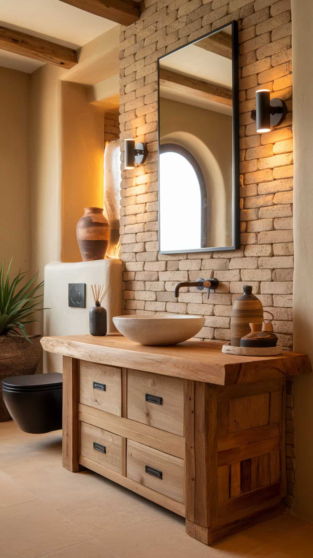 A rustic bathroom featuring a wood vanity with matte black fixtures, a large mirror, and decorative vases.