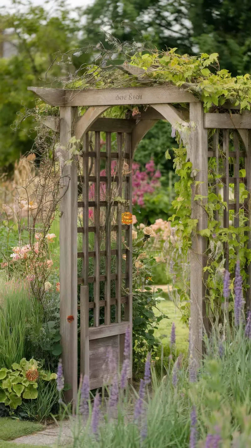 Wooden arbor at garden entrance surrounded by flowers and greenery.