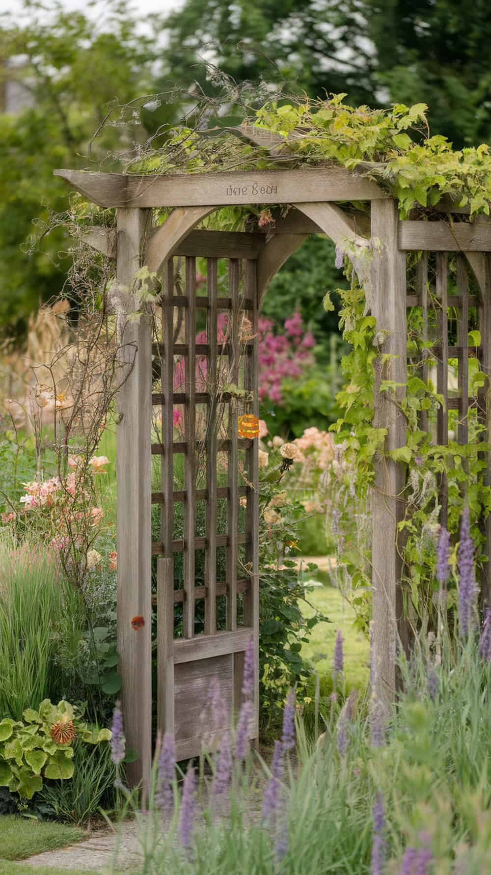 Wooden arbor at garden entrance surrounded by flowers and greenery.