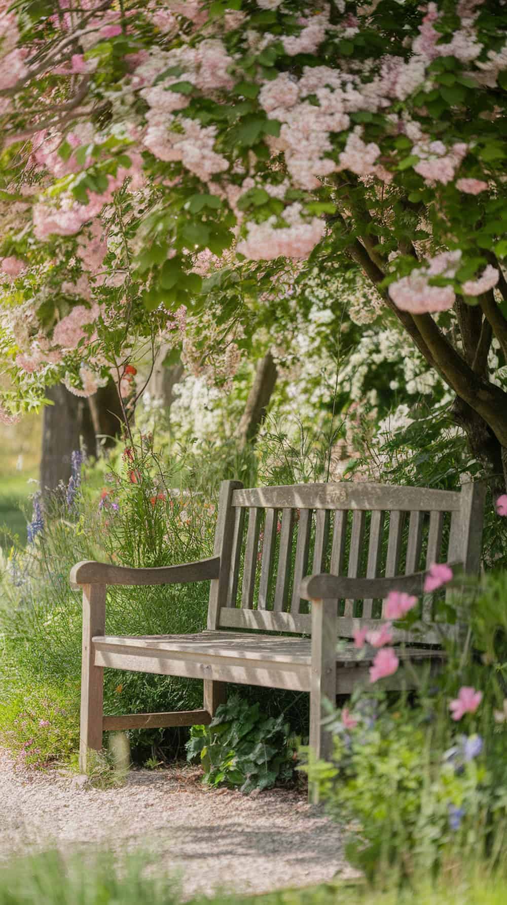 A wooden bench under a flowering tree surrounded by colorful flowers.