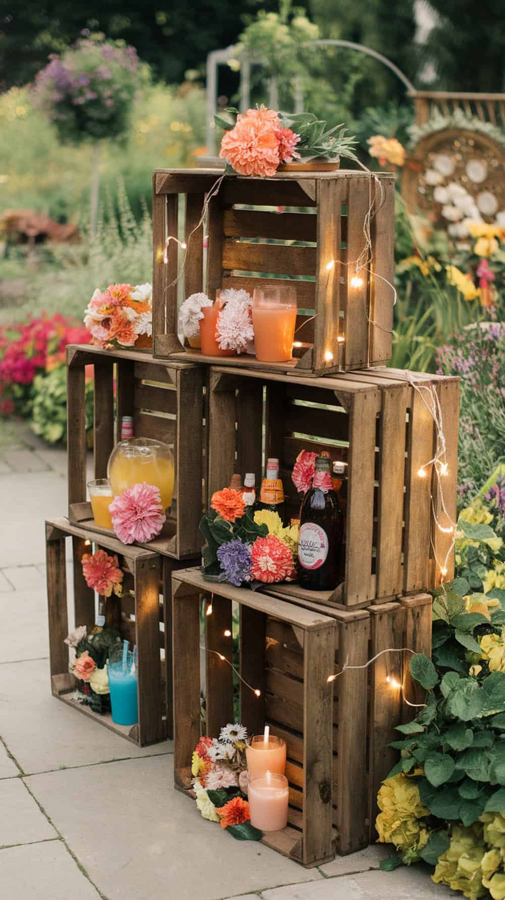 Wooden crates stacked with drinks and flowers for a summer garden party