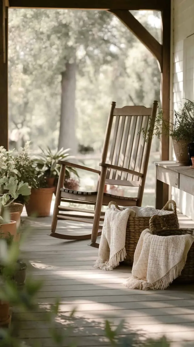 A cozy porch with woven baskets filled with blankets