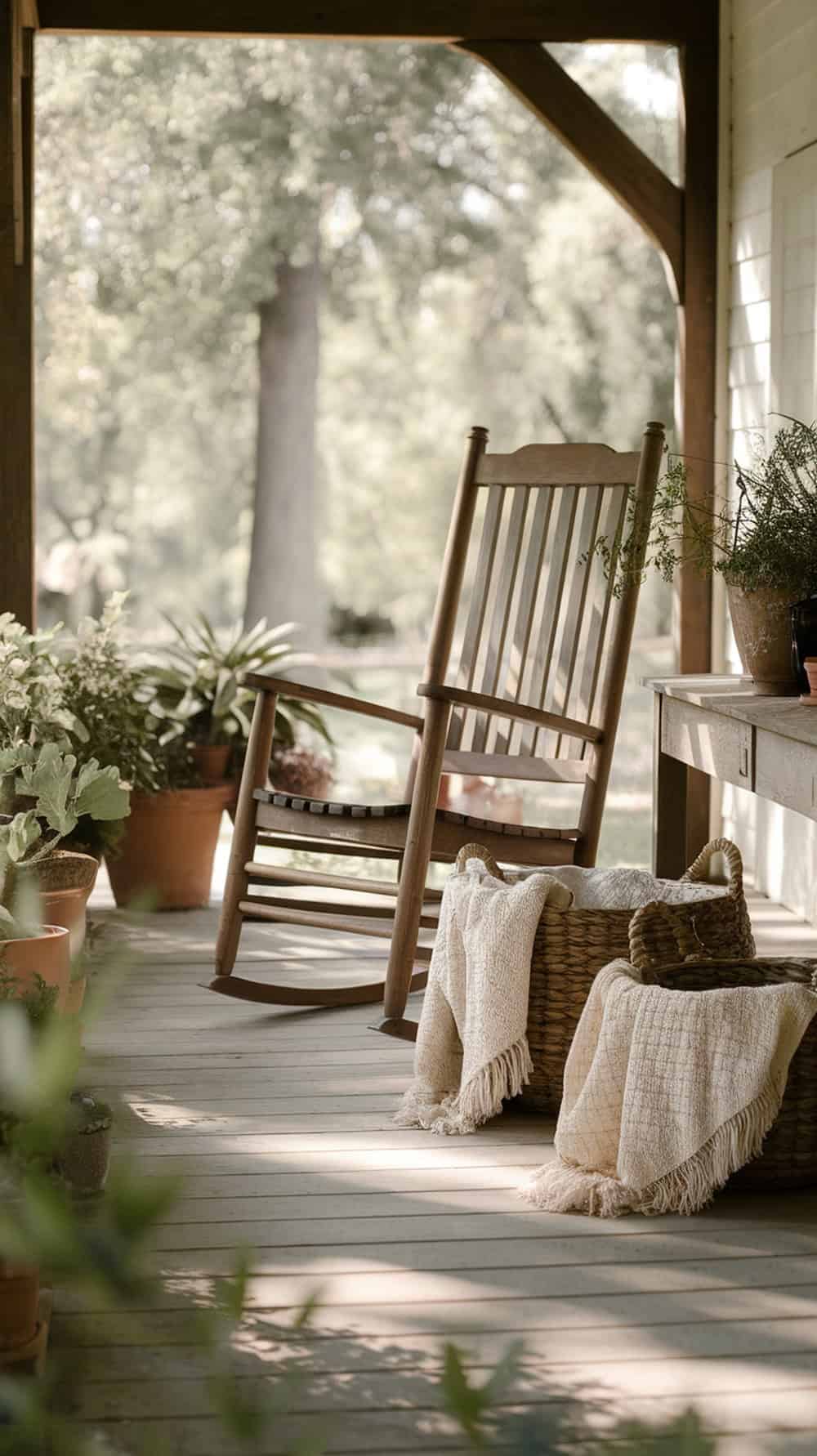 A cozy porch with woven baskets filled with blankets