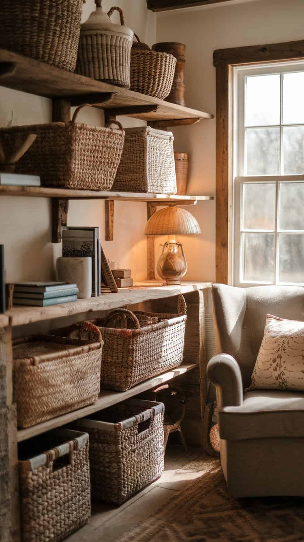 A cozy shelf displaying various woven baskets in a farmhouse setting.