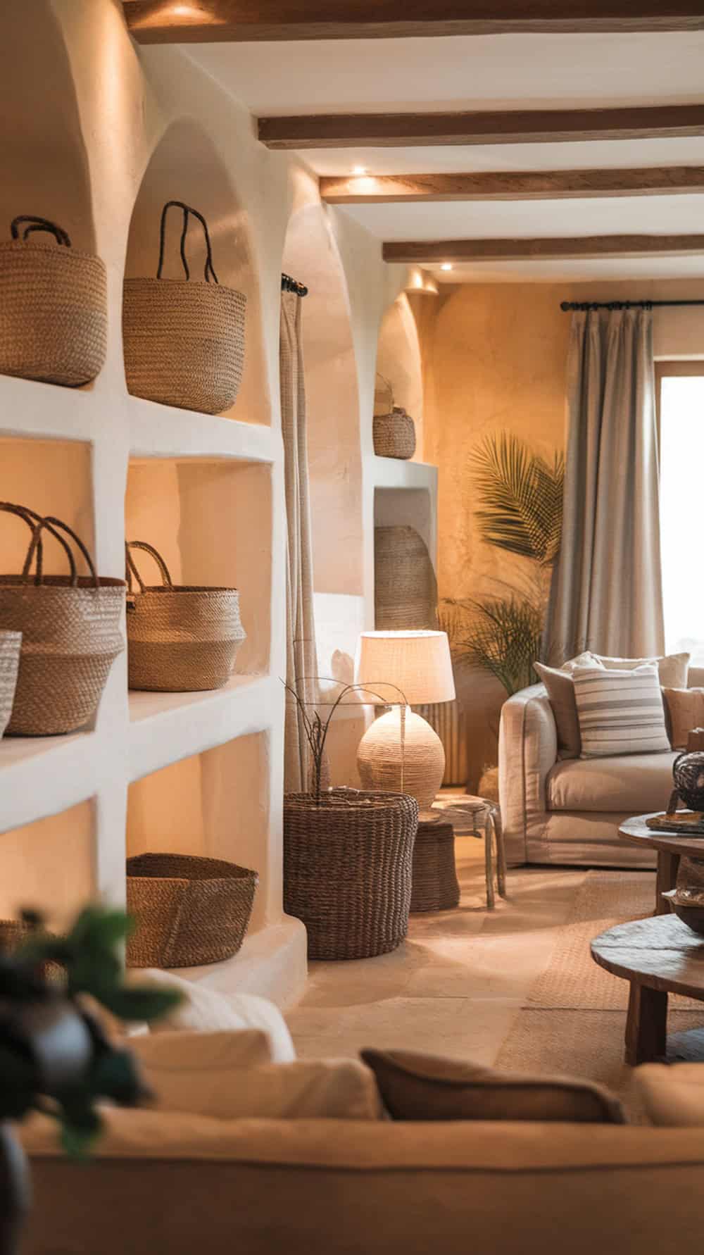 A cozy living room with woven baskets on shelves for storage and style.