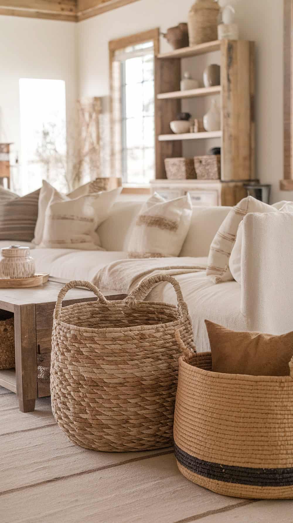 A cozy living room with woven baskets for storage and style.