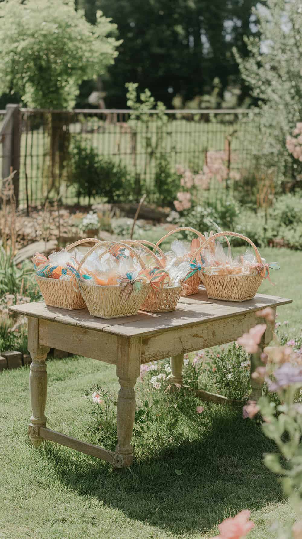 Woven baskets filled with party favors on a wooden table in a garden