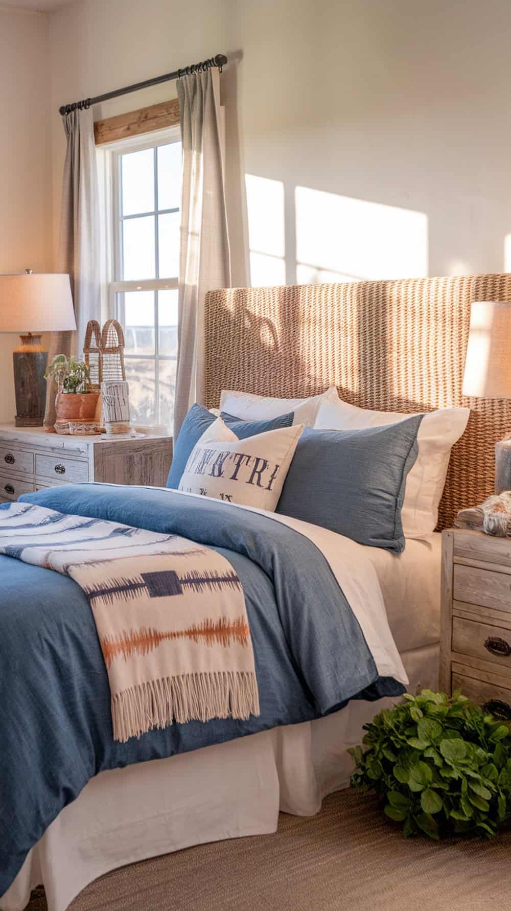 A cozy bedroom with a woven headboard and denim bedding, featuring soft pillows and natural light.