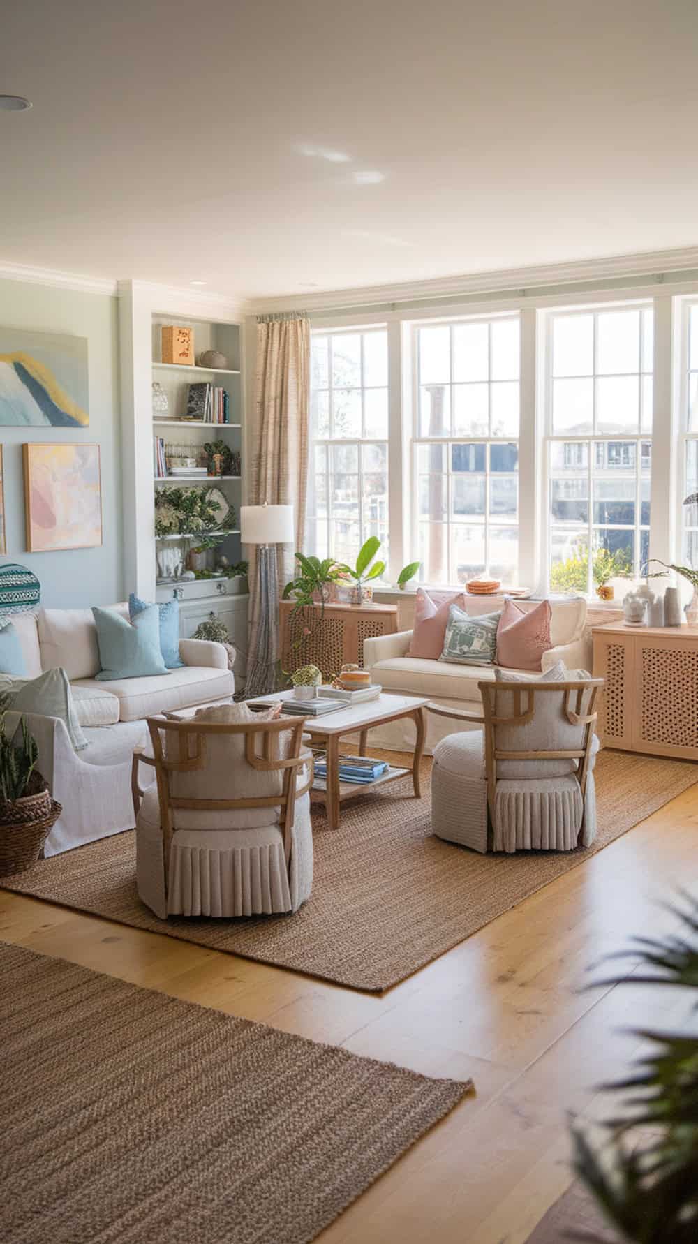 Coastal cottage living room with woven jute rugs on light wood floors.