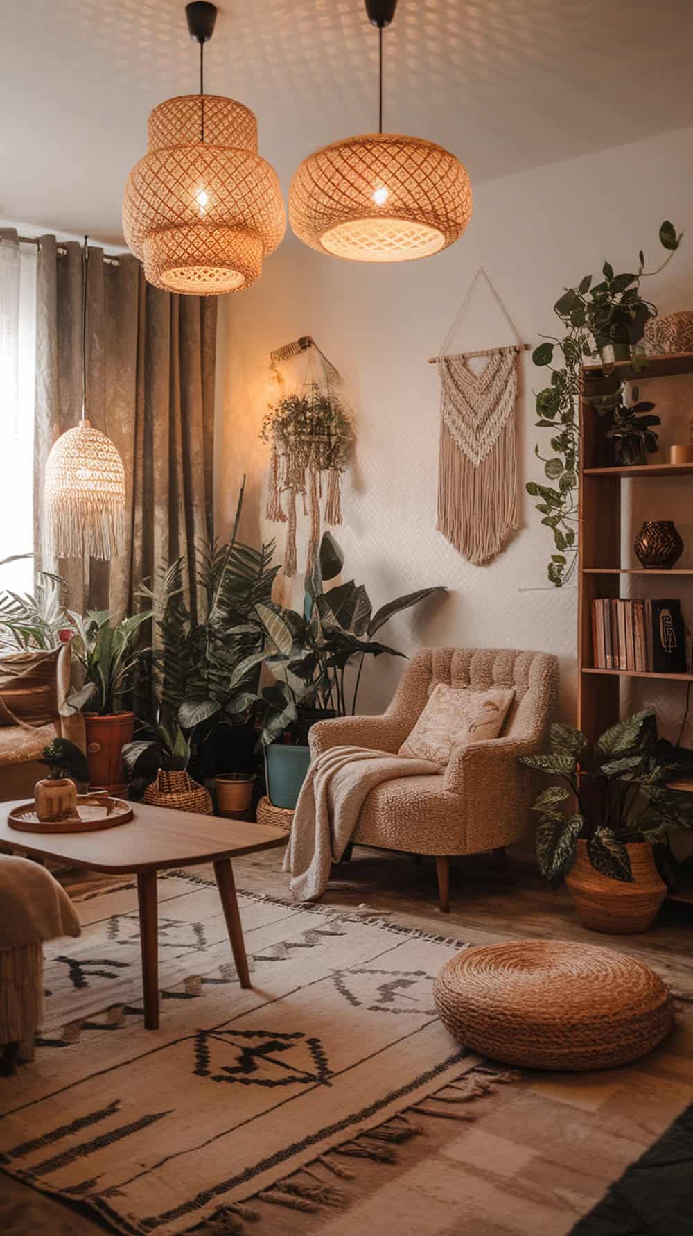 A cozy living room featuring woven light fixtures, plants, and a comfortable chair.