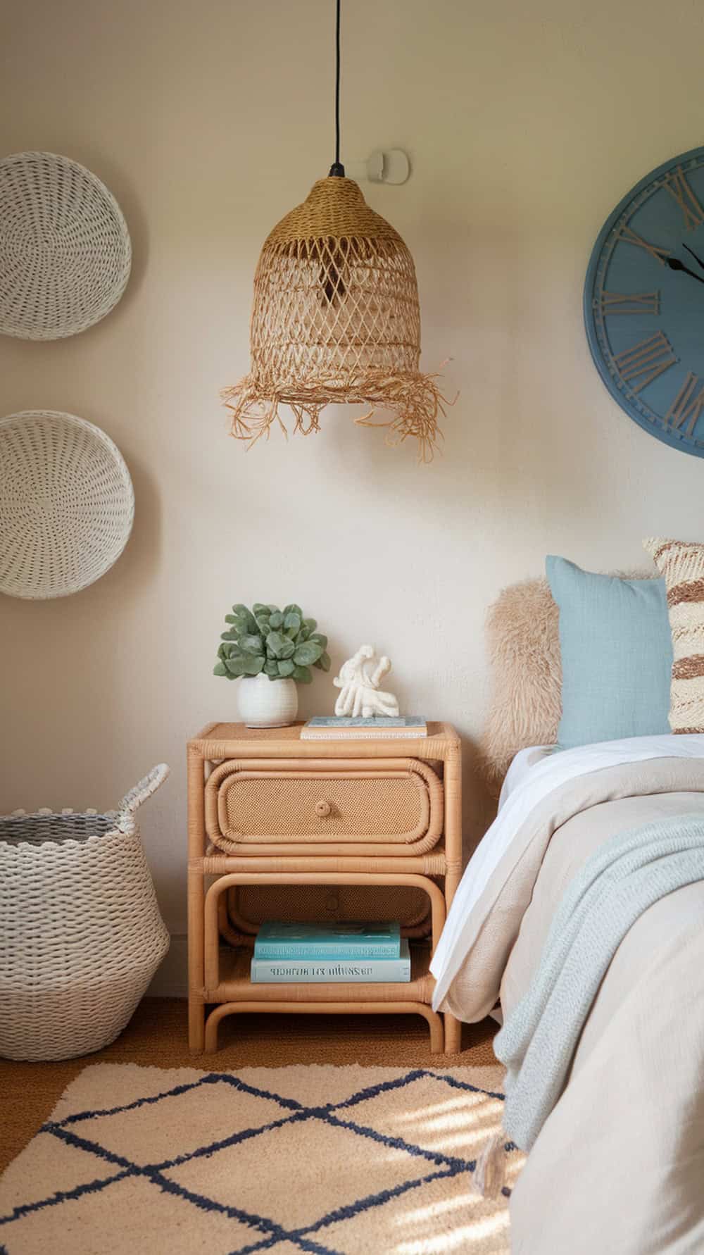 A cozy bedroom with a woven pendant light over a rattan nightstand, featuring a plant and books.