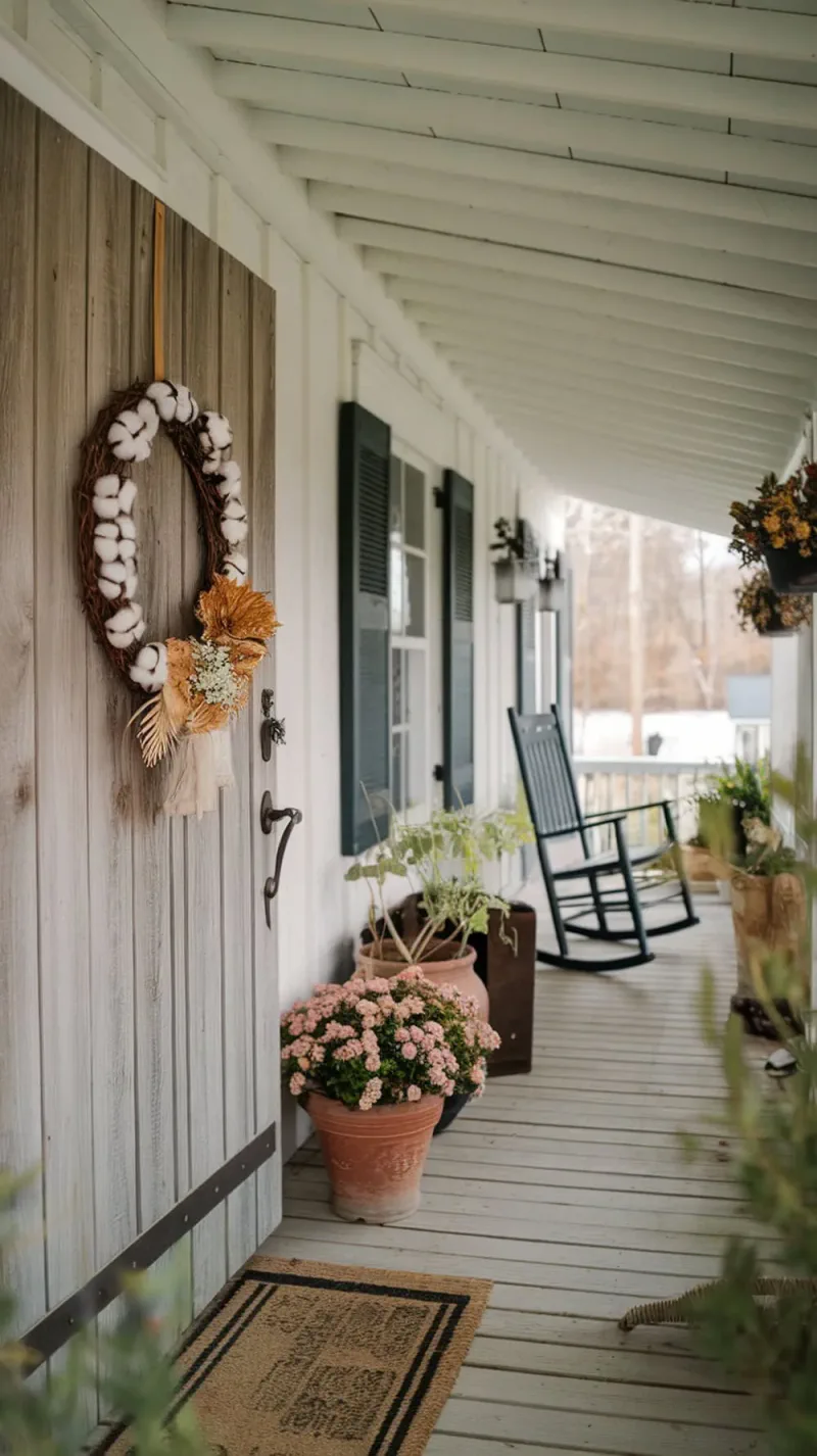 A cozy farmhouse porch featuring a cotton and dried flower wreath on a wooden door