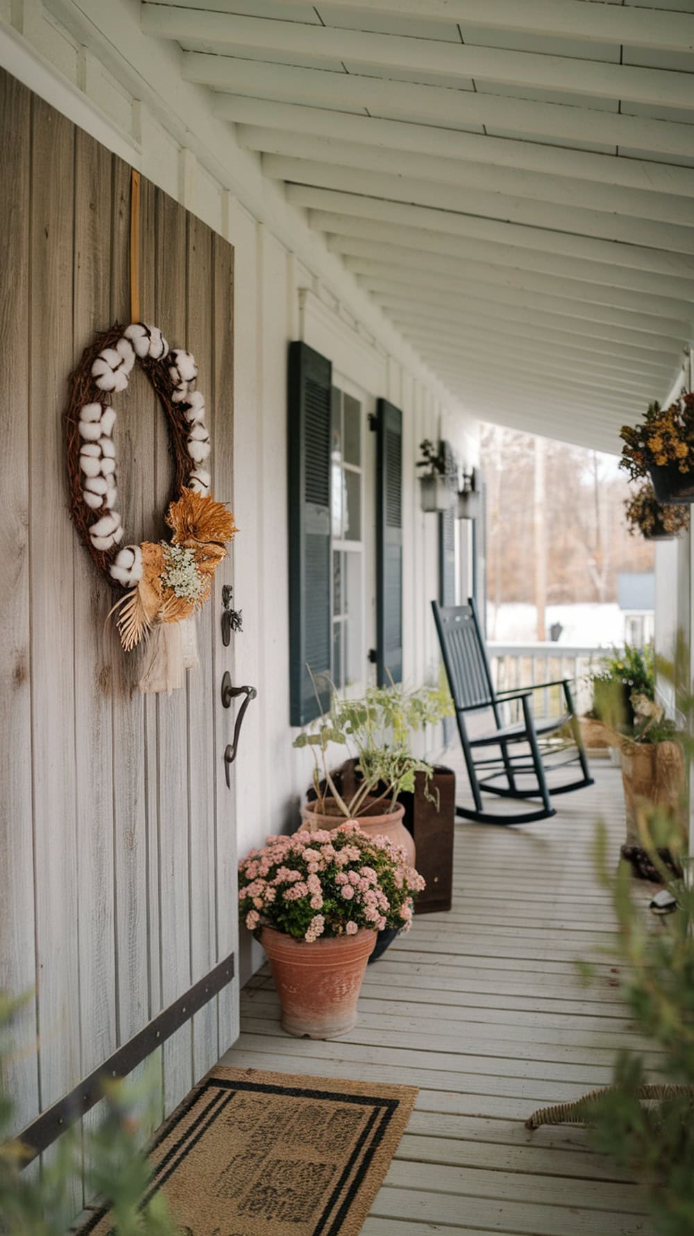 A cozy farmhouse porch featuring a cotton and dried flower wreath on a wooden door