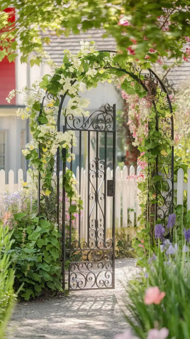 A wrought iron gate surrounded by blooming flowers and greenery.