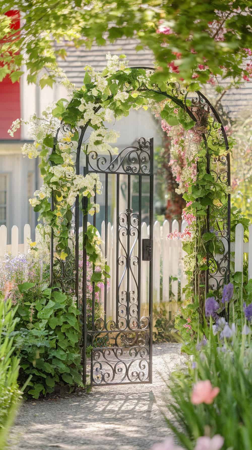 A wrought iron gate surrounded by blooming flowers and greenery.