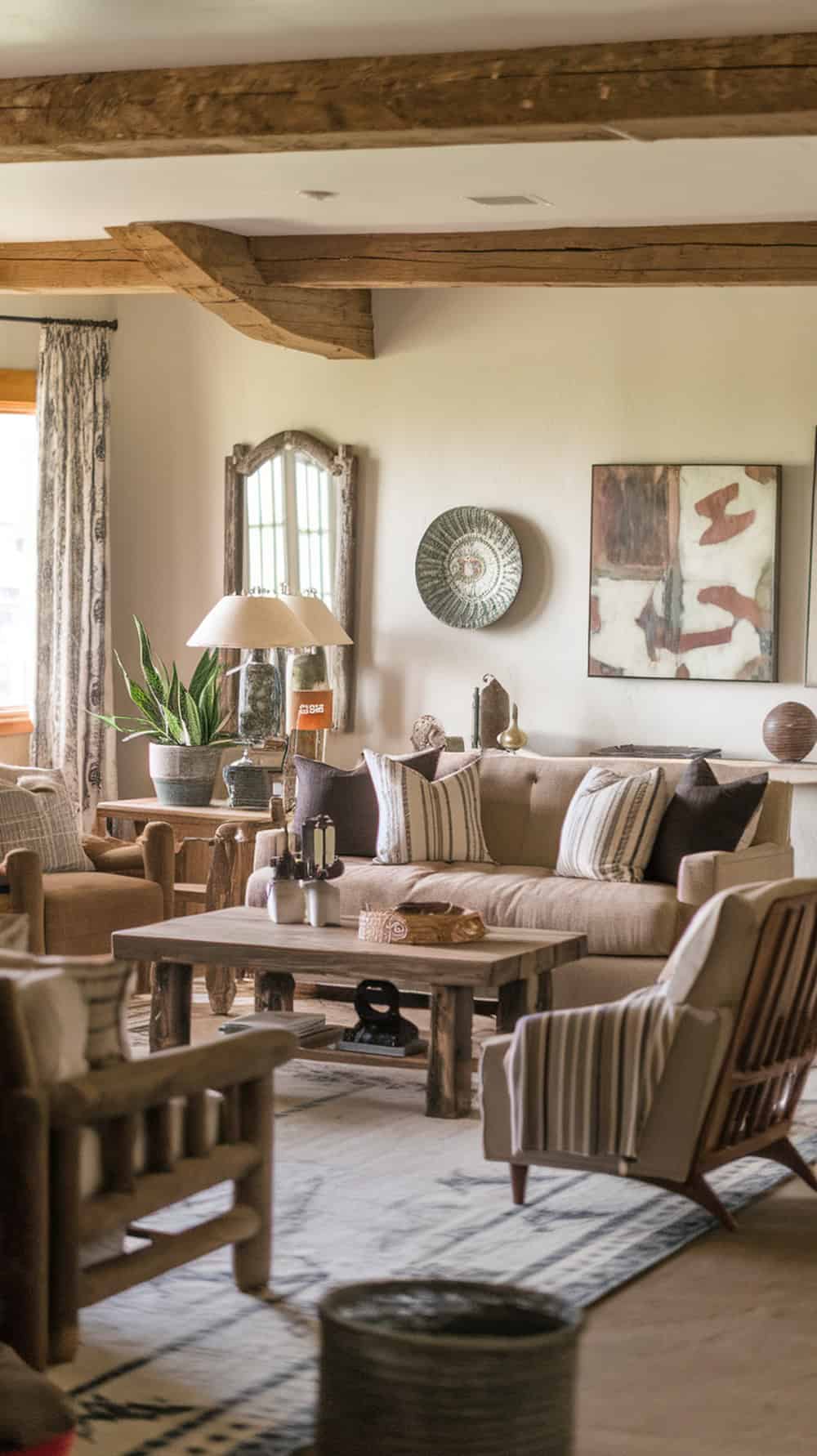 A cozy farmhouse living room featuring wrought iron lighting above wooden furniture.