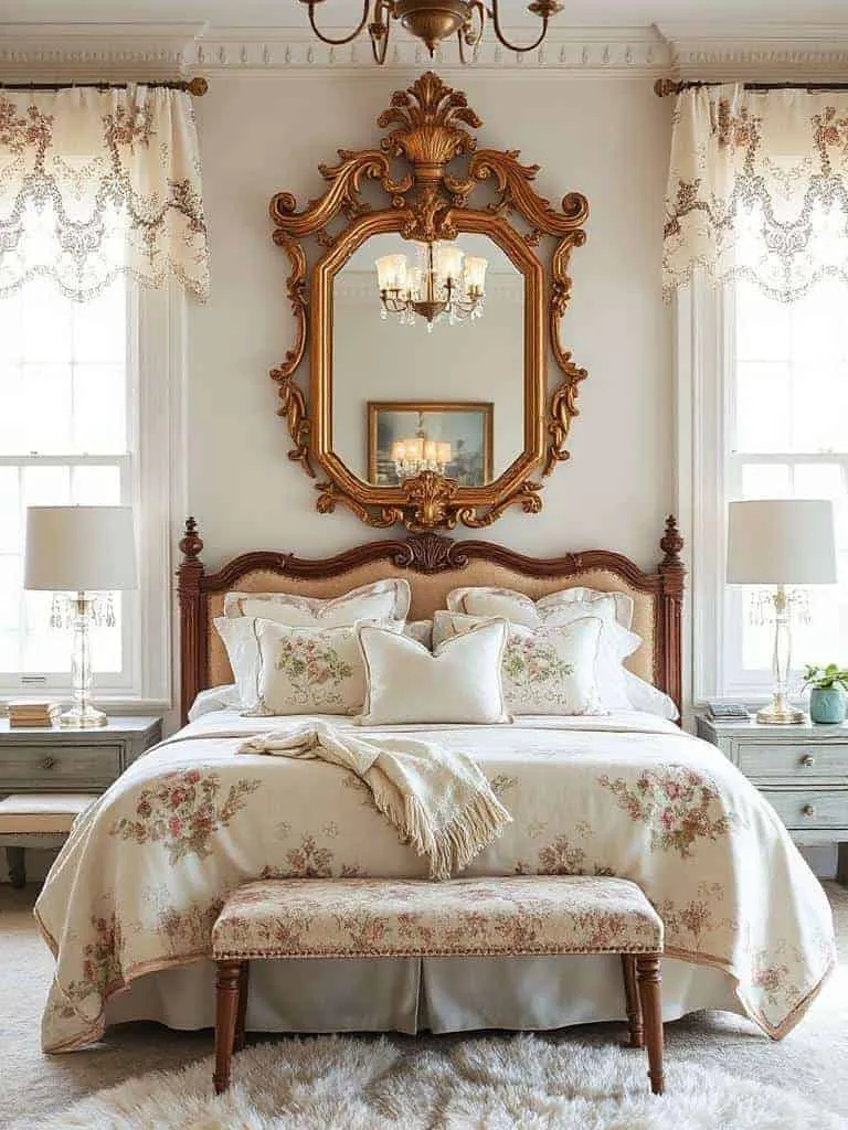 antique mirror enhances bedroom charm