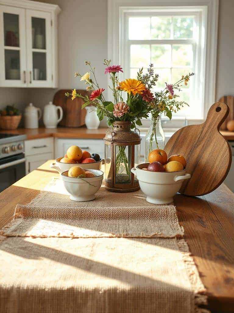 burlap runner enhances decor