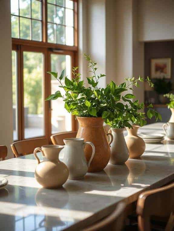 clustered ceramic pitchers centerpiece