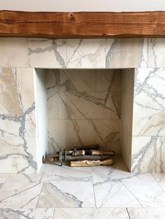 elegant tumbled marble fireplace