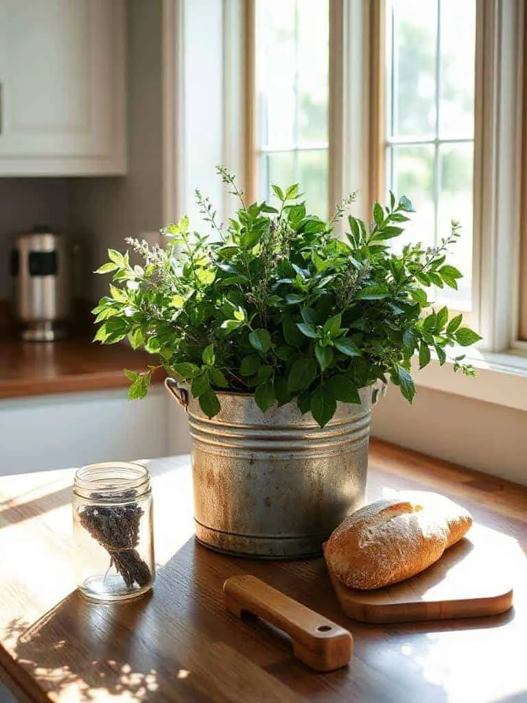 faux plants in bucket