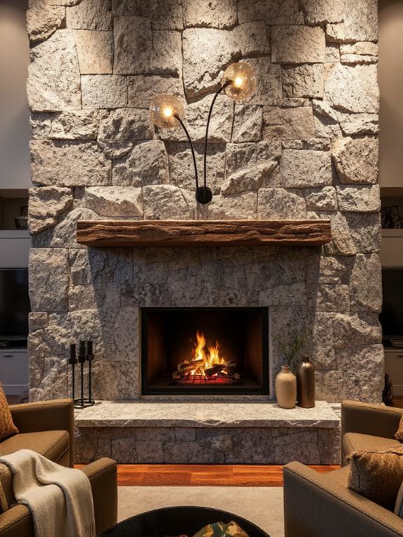 granite fireplace with iron accents