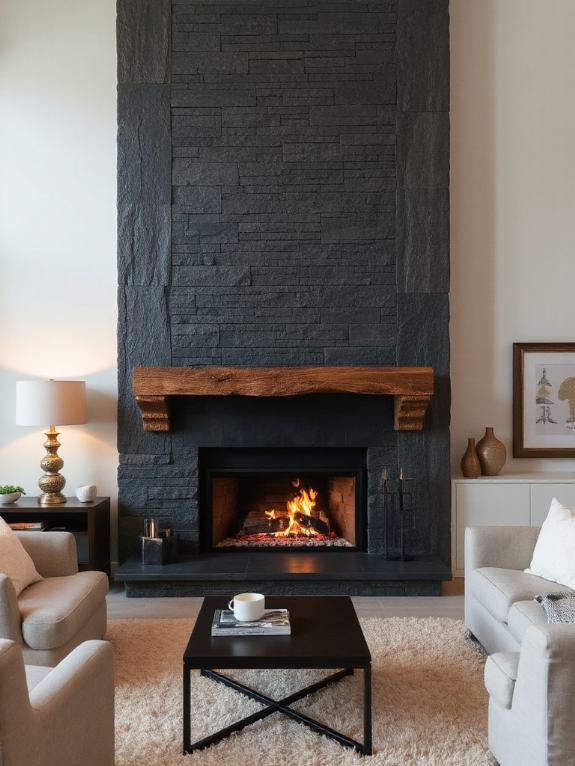 modern charcoal schist fireplace