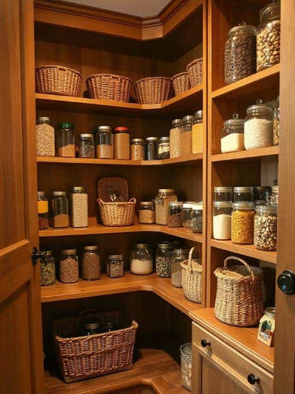 open shelving with baskets