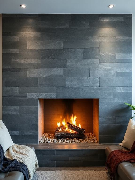 sleek slate tile fireplace