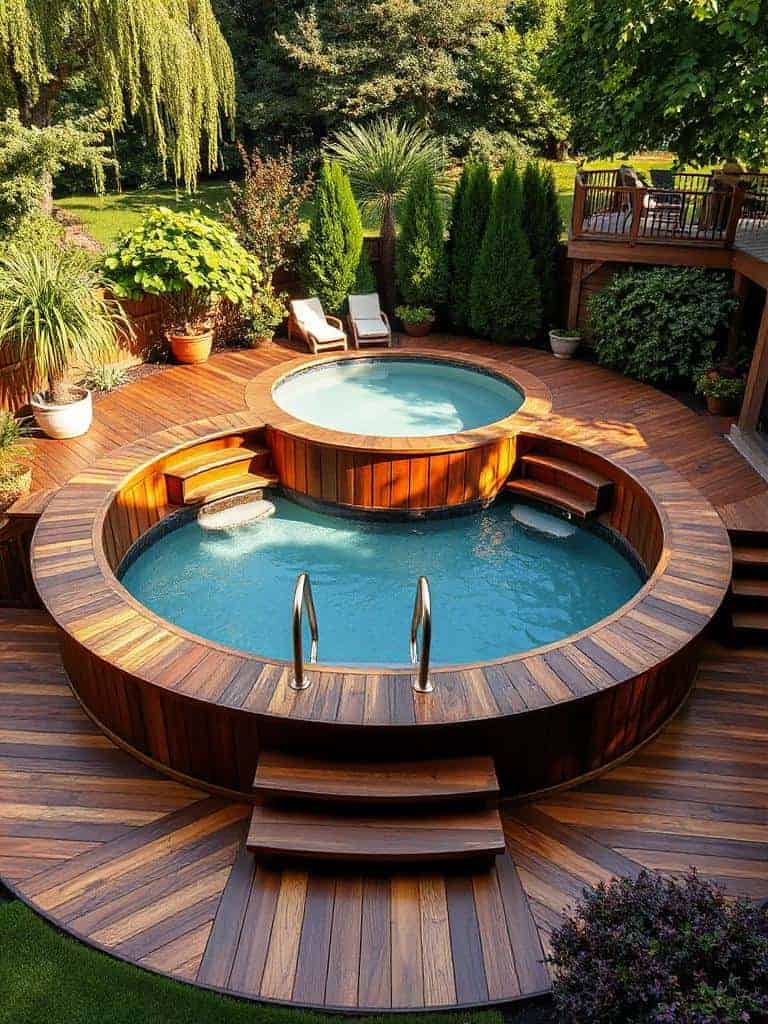 stylish poolside wooden deck