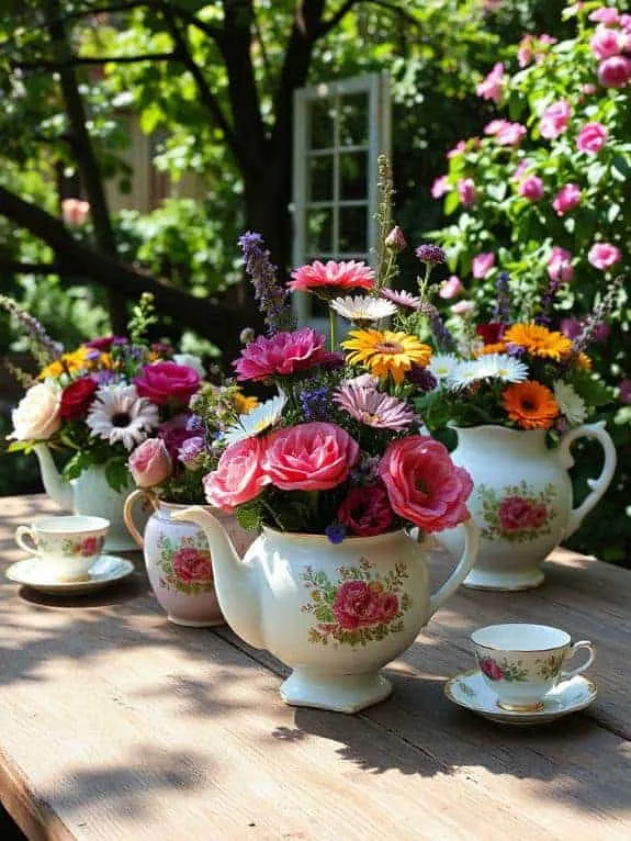 teapots filled with flowers