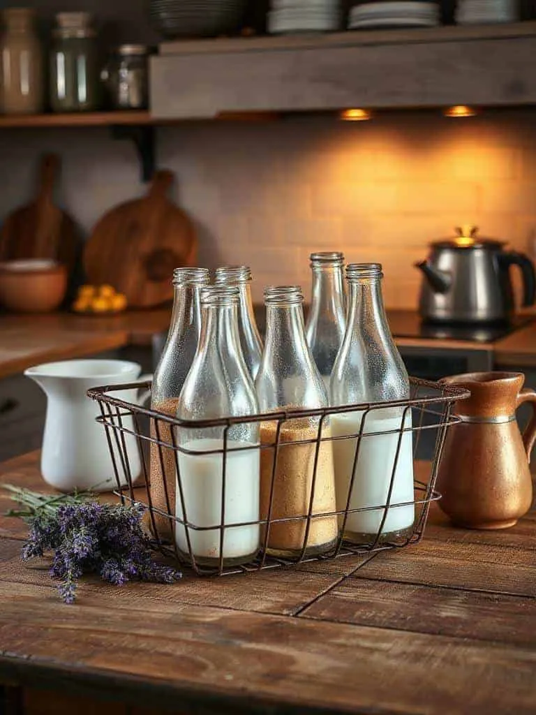 vintage bottles in basket