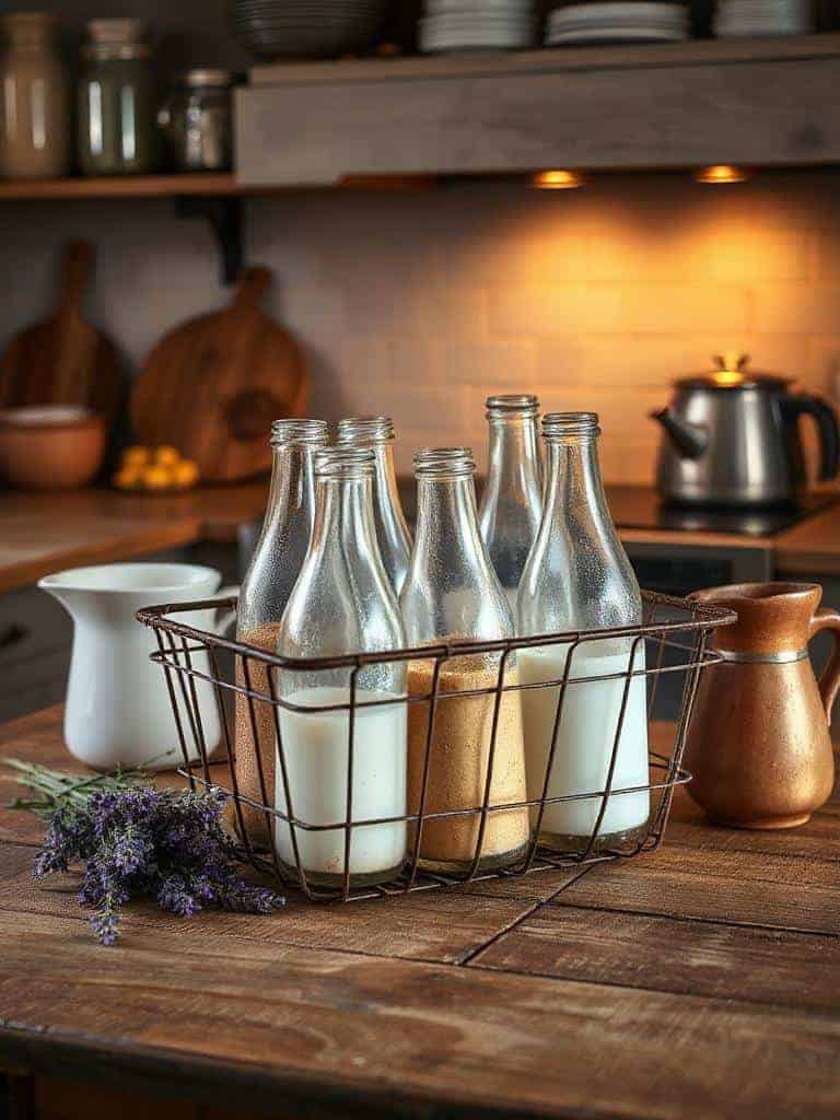 vintage bottles in basket