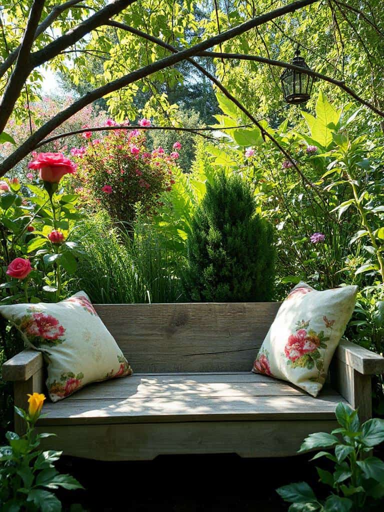 weathered bench with cushions