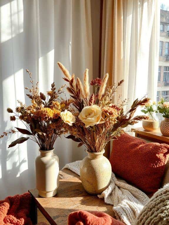 dried flowers in vases