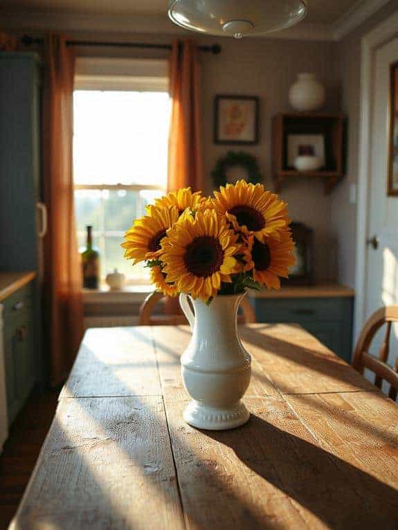 faux sunflowers in pitcher