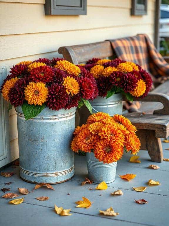 galvanized buckets with mums