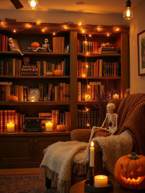 mini skeletons on bookshelves
