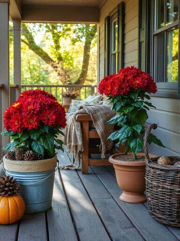 mums in rustic containers