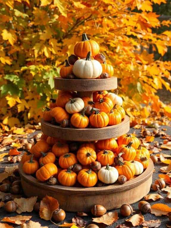 tiered pumpkin and acorn display