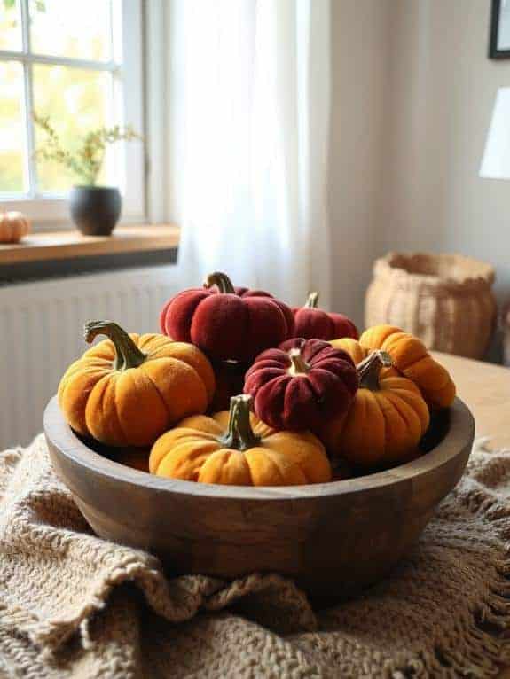 velvet pumpkins in bowl