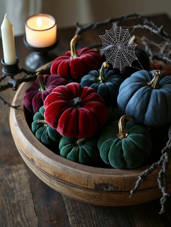 velvet pumpkins in dough bowl