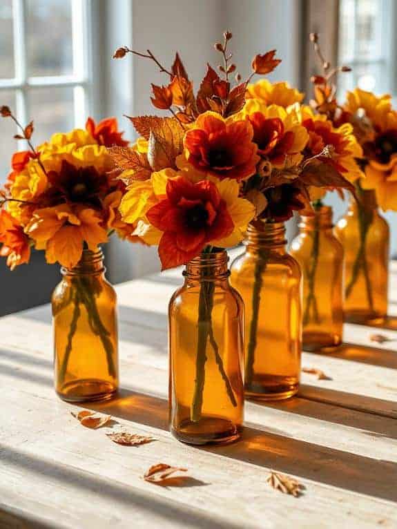 amber bottles with flowers