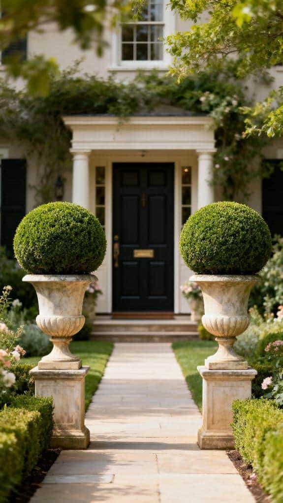 boxwood spheres in urns