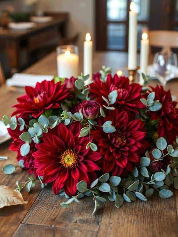 burgundy dahlias eucalyptus arrangement