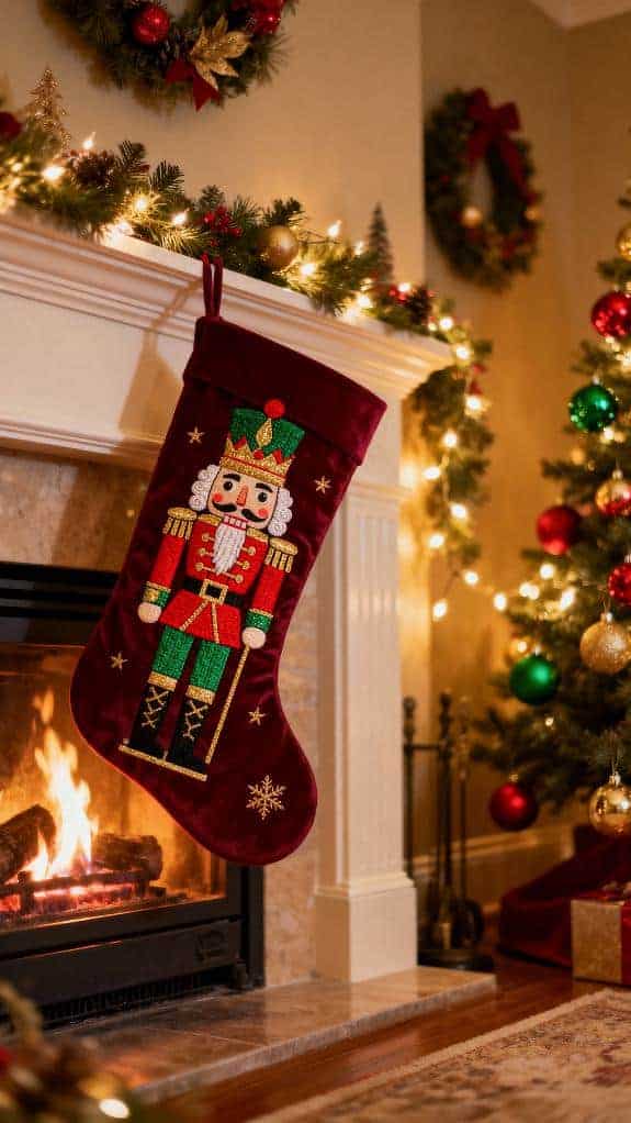 burgundy stocking with nutcrackers